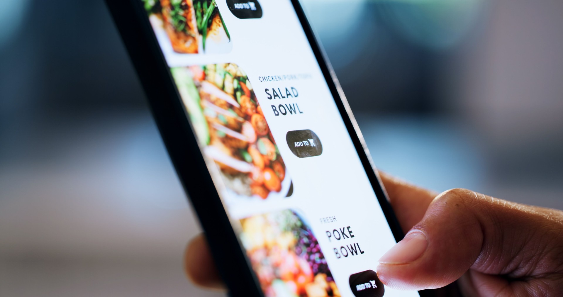 Hand, phone screen and menu for food delivery on app with choice for salad, diet and dinner with ecommerce. Person, smartphone and ui with click, search and decision for order with overtime at agency